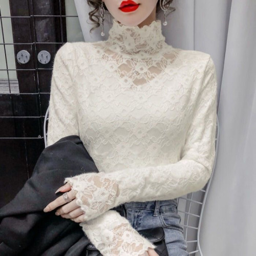 2025年加絨/不加絨磨毛蕾絲打底衫女高領秋冬修身洋氣內搭花邊領