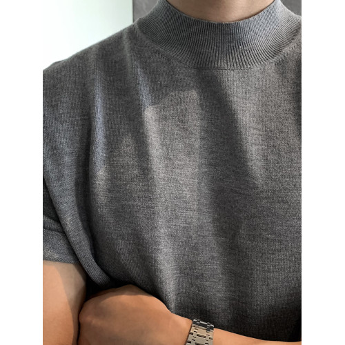 碧捨韓版男士高級感針織衫休閒寬松百搭短袖透氣輕熟半高領打底衫