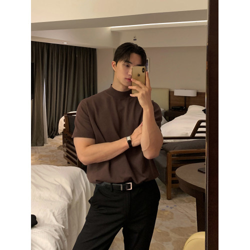 碧捨韓版男士高級感針織衫休閒寬松百搭短袖透氣輕熟半高領打底衫