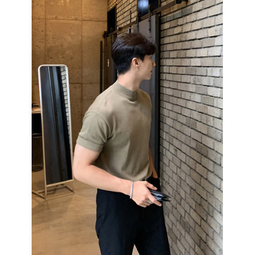 碧捨韓版男士高級感針織衫休閒寬松百搭短袖透氣輕熟半高領打底衫