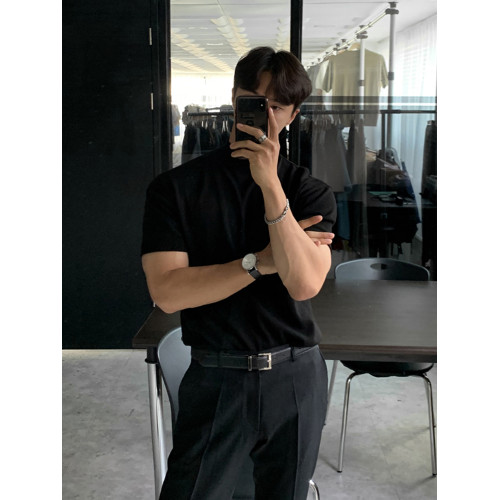 碧捨韓版男士高級感針織衫休閒寬松百搭短袖透氣輕熟半高領打底衫