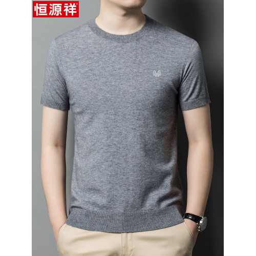 恒源祥100純羊絨衫男短袖圓領薄款毛衣男士半袖針織打底衫羊毛衫