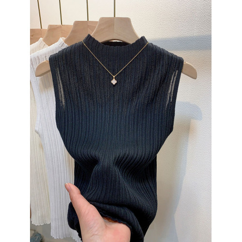 潮牌2025夏季無袖套頭針織打底衫女士胸前鏤空款上衣修身內搭背心