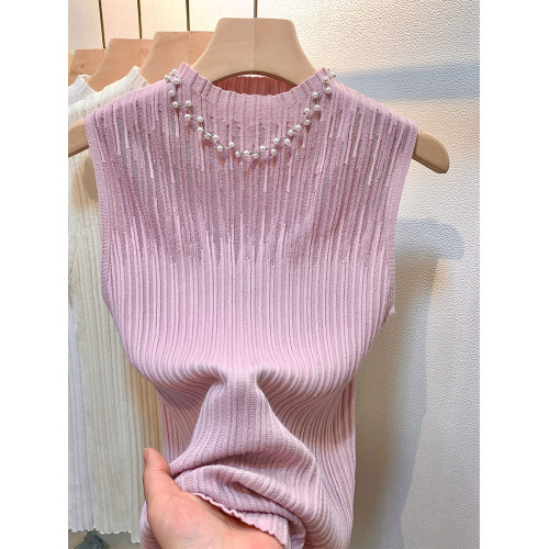 潮牌2025夏季無袖套頭針織打底衫女士胸前鏤空款上衣修身內搭背心