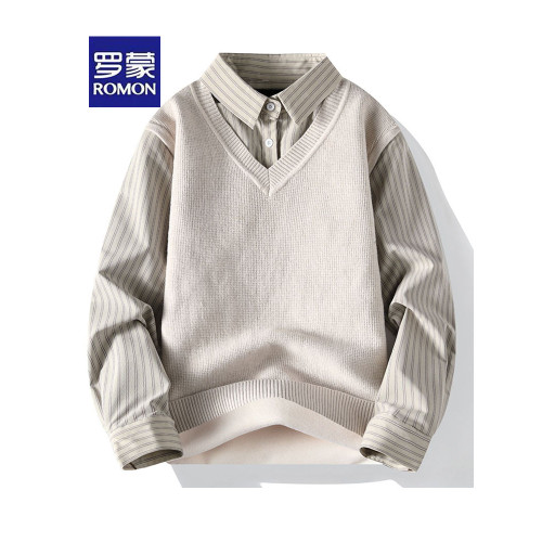 羅矇秋冬季假兩件襯衫領毛衣男士加絨加厚帶領針織打底衫保暖上衣
