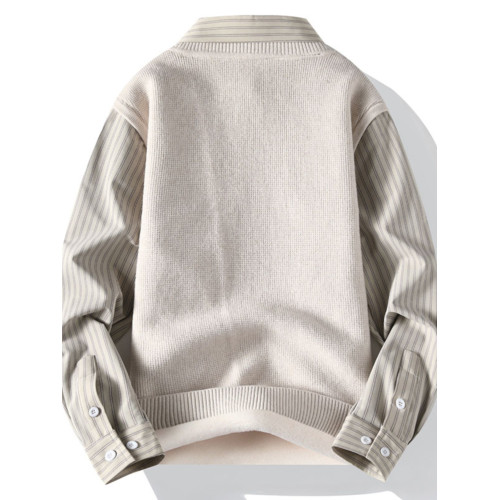 羅矇秋冬季假兩件襯衫領毛衣男士加絨加厚帶領針織打底衫保暖上衣