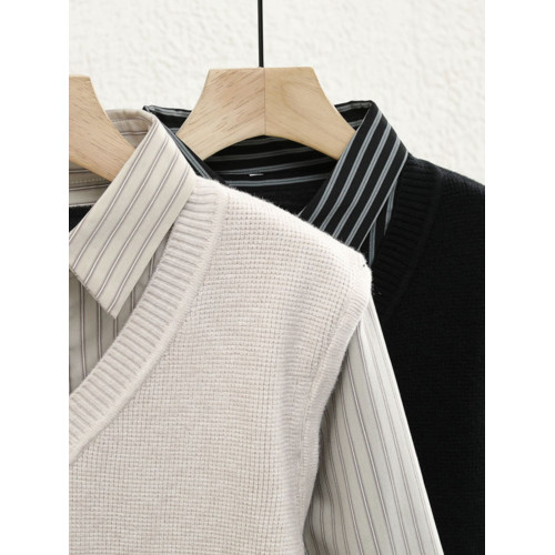 羅矇秋冬季假兩件襯衫領毛衣男士加絨加厚帶領針織打底衫保暖上衣