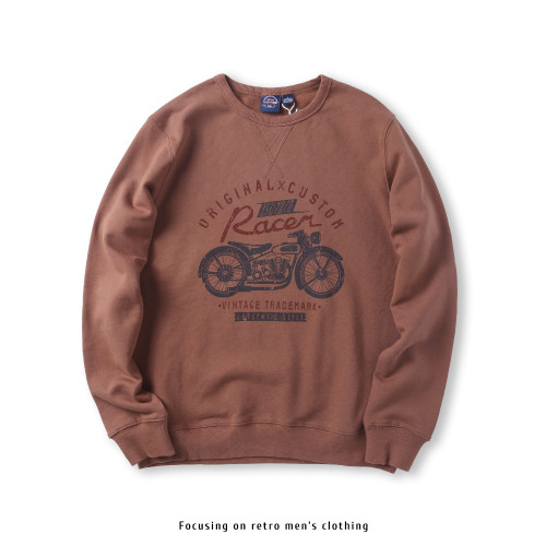 春季420克重磅純棉美式復古機車印花衛衣男圓領加絨加厚打底衫潮