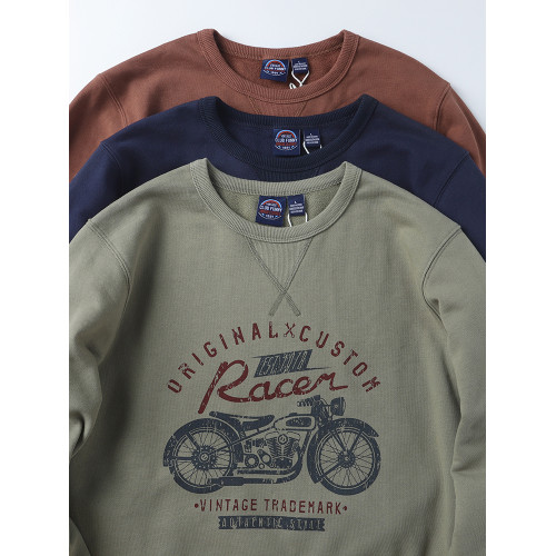 春季420克重磅純棉美式復古機車印花衛衣男圓領加絨加厚打底衫潮