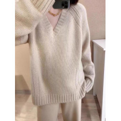 秋冬羊絨衫女V領毛衣寬松套頭純色長袖上衣慵懶羊毛針織打底衫