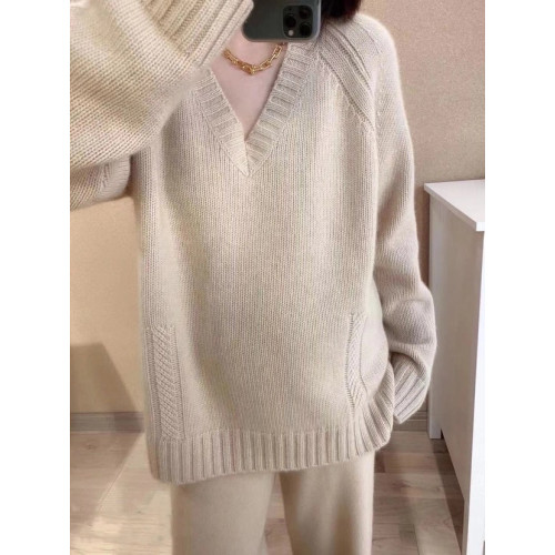 秋冬羊絨衫女V領毛衣寬松套頭純色長袖上衣慵懶羊毛針織打底衫