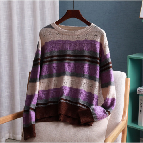 【MS系列】百搭長袖毛衣韓版條紋拼接寬松針織打底衫外穿 111