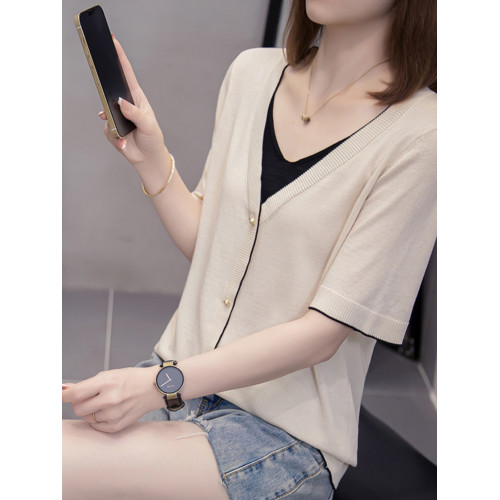 胖mm遮肚子顯瘦v領假兩件冰絲短袖打底衫女夏季洋氣減齡正肩上衣