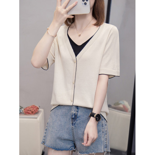 胖mm遮肚子顯瘦v領假兩件冰絲短袖打底衫女夏季洋氣減齡正肩上衣