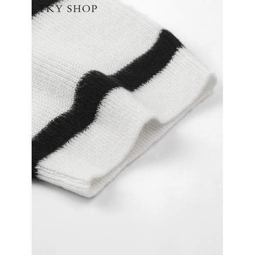 TKY SHOP圓領黑白條紋短袖針織衫女秋季寬松簡約打底衫休閒薄上衣