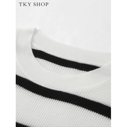 TKY SHOP圓領黑白條紋短袖針織衫女秋季寬松簡約打底衫休閒薄上衣