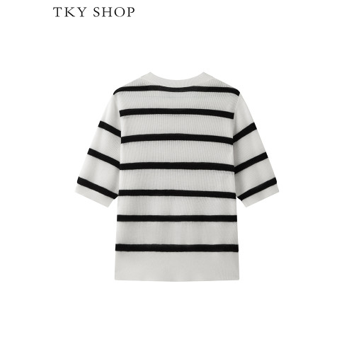 TKY SHOP圓領黑白條紋短袖針織衫女秋季寬松簡約打底衫休閒薄上衣