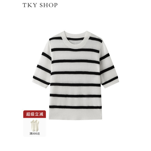 TKY SHOP圓領黑白條紋短袖針織衫女秋季寬松簡約打底衫休閒薄上衣