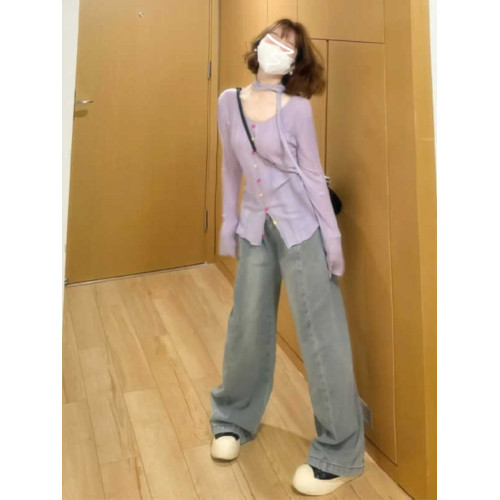 法式紫色飄帶鏤空針織衫罩衫上衣氣質純欲風顯瘦秋季新款打底衫女