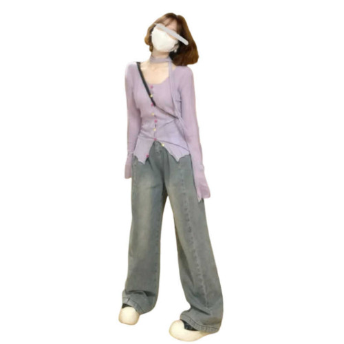 法式紫色飄帶鏤空針織衫罩衫上衣氣質純欲風顯瘦秋季新款打底衫女