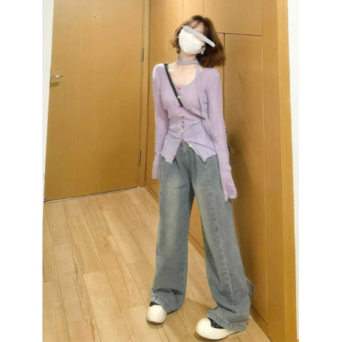 法式紫色飄帶鏤空針織衫罩衫上衣氣質純欲風顯瘦秋季新款打底衫女