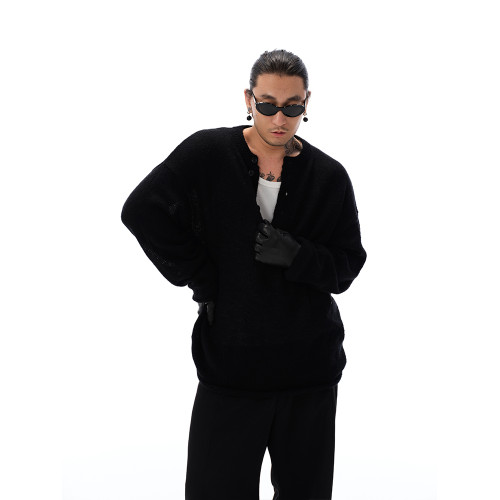 Shizukaumi24通勤百搭親膚好穿廓形亨利領馬海毛針織打底衫毛衣男