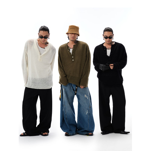 Shizukaumi24通勤百搭親膚好穿廓形亨利領馬海毛針織打底衫毛衣男