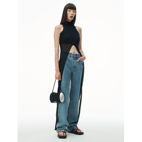 TWOTWINSTYLE設計感小立領無袖純色打底衫修身高開叉背心針織上衣