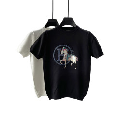 MUSONMU男士輕奢短袖針織衫夏季半袖毛衣燙鑽H家戰馬毛線打底衫潮