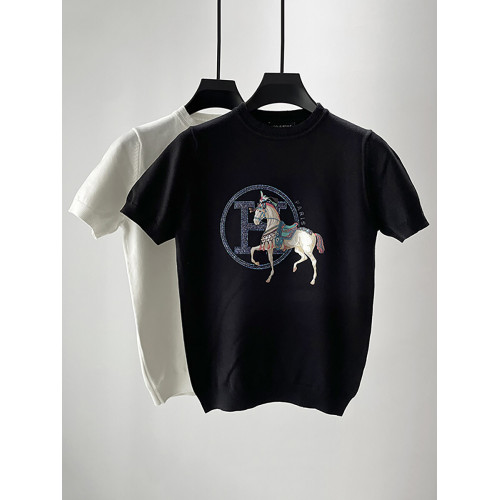 MUSONMU男士輕奢短袖針織衫夏季半袖毛衣燙鑽H家戰馬毛線打底衫潮