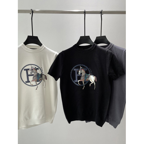 MUSONMU男士輕奢短袖針織衫夏季半袖毛衣燙鑽H家戰馬毛線打底衫潮