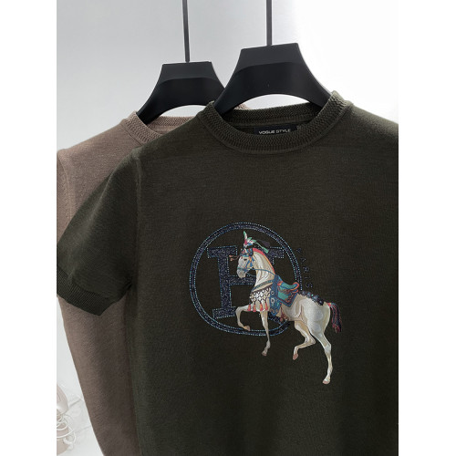 MUSONMU男士輕奢短袖針織衫夏季半袖毛衣燙鑽H家戰馬毛線打底衫潮