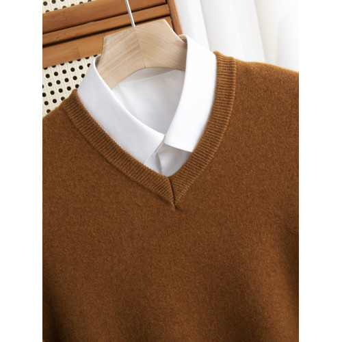 秋冬新款100%純羊毛衫男V領毛衣休閒大碼百搭純色羊絨針織打底衫