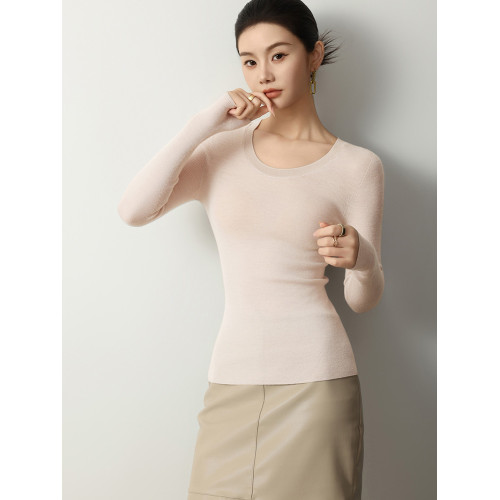 精紡100細羊毛圓領針織打底衫女修身顯瘦簡約通勤薄毛衣內搭秋冬