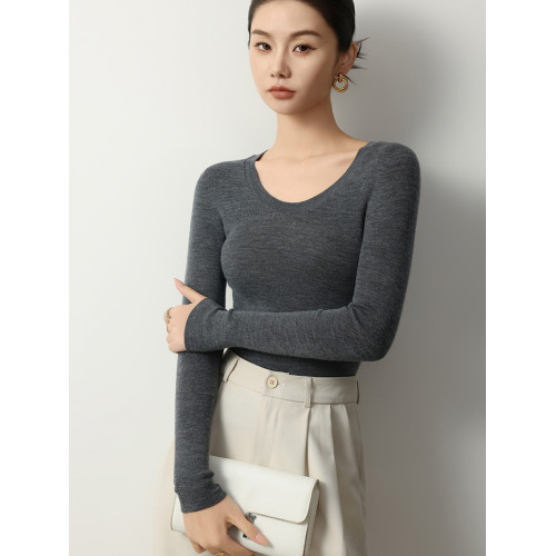 精紡100細羊毛圓領針織打底衫女修身顯瘦簡約通勤薄毛衣內搭秋冬