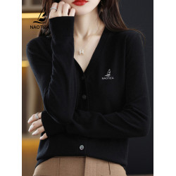 納奧蒂爾小帆船V領針織衫女2025春秋新款純色薄款開衫毛衣外套