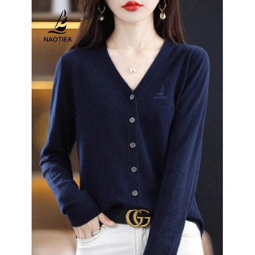 納奧蒂爾小帆船V領針織衫女2025春秋新款純色薄款開衫毛衣外套