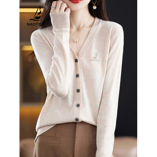 納奧蒂爾小帆船V領針織衫女2025春秋新款純色薄款開衫毛衣外套