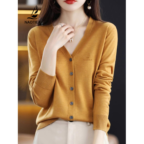 納奧蒂爾小帆船V領針織衫女2025春秋新款純色薄款開衫毛衣外套