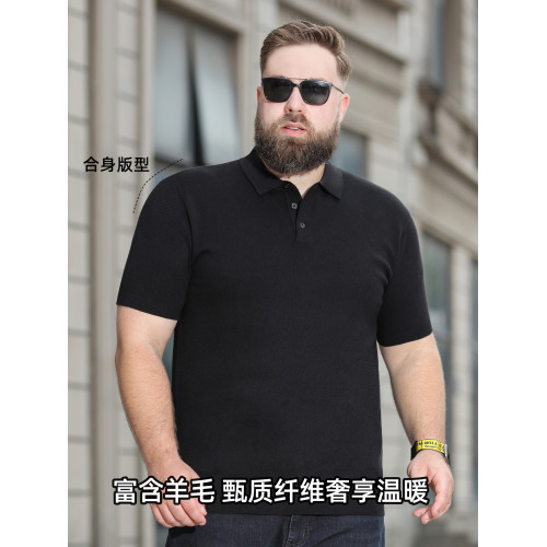 百勝狐大碼男士針織短袖毛衣秋冬季翻領半袖純色羊毛打底衫男胖子