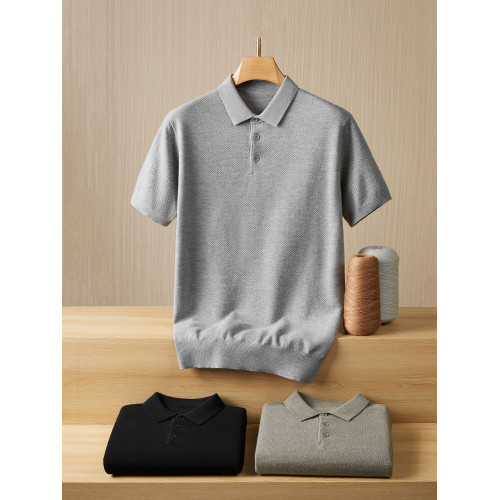 百勝狐大碼男士針織短袖毛衣秋冬季翻領半袖純色羊毛打底衫男胖子