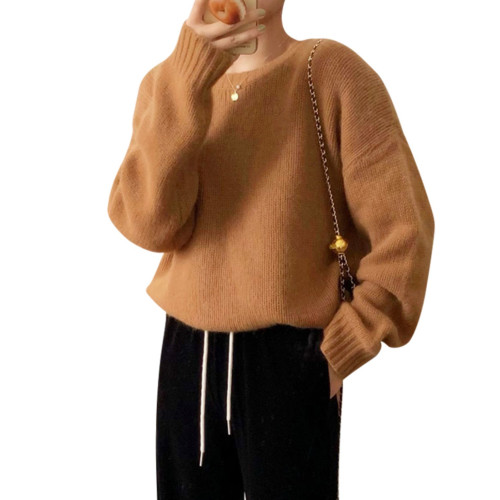 秋冬新款羊絨衫女圓領百搭落肩毛衣套頭韓版純羊毛打底衫簡約針織