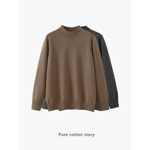 男裝半高領 100%全棉 純棉毛衣男士薄款打底衫秋冬針織衫線衣寬松