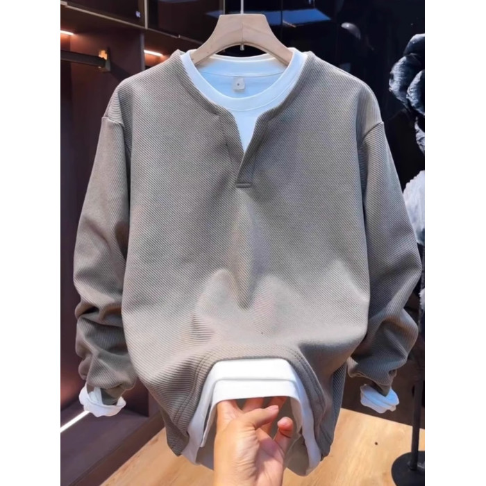 倉石一樹假兩件衛衣男春秋季新款純色V領寬松百搭休閒上衣打底衫 倉石一樹假兩件衛衣男春秋季新款純色V領寬松百搭休閒上衣打底衫