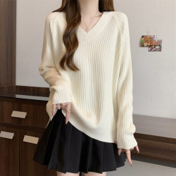 大碼胖mm寬松遮肉顯瘦v領針織衫女秋冬遮肚子減齡內搭打底衫毛衣