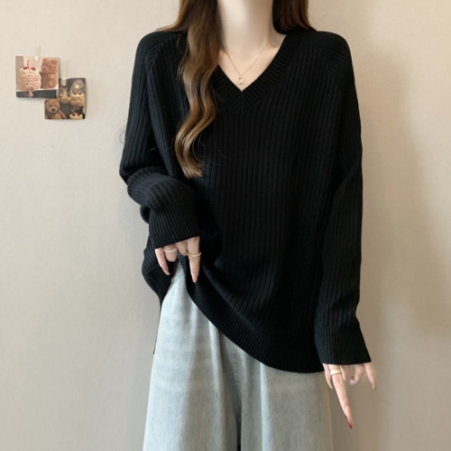 大碼胖mm寬松遮肉顯瘦v領針織衫女秋冬遮肚子減齡內搭打底衫毛衣
