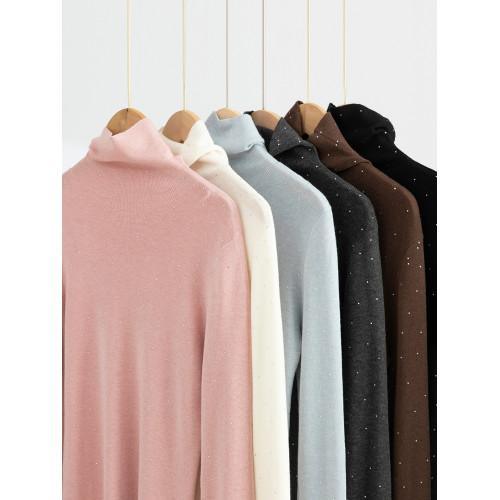 秋冬新款純色堆堆領套頭羊絨毛衣女百搭鑲鑽長袖羊毛針織打底衫潮