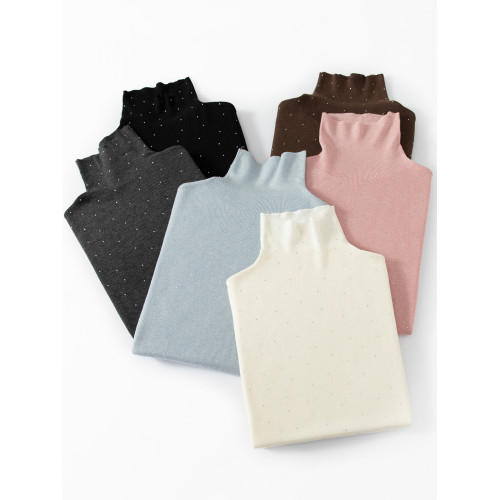 秋冬新款純色堆堆領套頭羊絨毛衣女百搭鑲鑽長袖羊毛針織打底衫潮