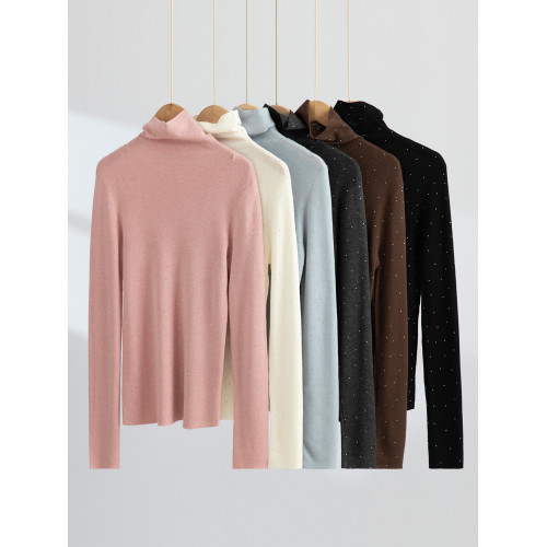 秋冬新款純色堆堆領套頭羊絨毛衣女百搭鑲鑽長袖羊毛針織打底衫潮