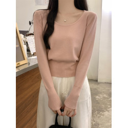 2025新款收腰低領毛衣女內搭大圓領小個子針織打底衫短款上衣秋冬